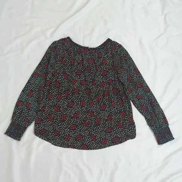 Loft Floral Lace Trim Smocked Cuff Blouse, Color Black/Turquoise/Red Size SP - Picture 3 of 15